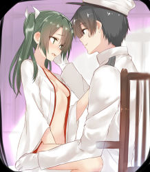 Rule 34 | 10s, 1boy, 1girl, :d, admiral (kancolle), bare shoulders, between legs, black hair, blush, breasts, chair, cleavage, fang, gloves, green eyes, hand between legs, hand on another&#039;s cheek, hand on another&#039;s face, hat, isshiki (ffmania7), japanese clothes, kantai collection, kimono, light smile, long sleeves, looking away, looking to the side, military, military uniform, naval uniform, nose blush, open clothes, open kimono, open mouth, peaked cap, sitting, sitting on person, sketch, small breasts, smile, straddling, uniform, upright straddle, white gloves, white hat, wide sleeves, x-ray, zuikaku (kancolle)