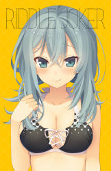 Rule 34 | 1girl, aotsu karin, bad id, bad pixiv id, bare shoulders, bikini, bikini top only, black bikini, blue eyes, blue hair, blush, breasts, cleavage, closed mouth, collarbone, commentary request, copyright name, crossed bangs, front-tie bikini top, front-tie top, hair between eyes, hand up, large breasts, long hair, looking at viewer, ribbon, riddle joker, shikibe mayu, sidelocks, smile, solo, swimsuit, tsurime, upper body, white ribbon, yellow background