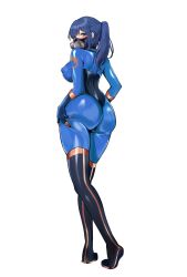 Rule 34 | 1girl, absurdres, ass, black footwear, black gloves, blu pyro (tf2), blue bodysuit, blue eyes, blue hair, blush, bodysuit, boots, breasts, commission, full body, gas mask, genderswap, genderswap (otf), gloves, highres, large breasts, long hair, looking at viewer, looking back, mask, ponytail, pyro (tf2), sennei, simple background, solo, team fortress 2, thigh boots, white background