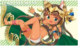 Rule 34 | 1girl, animal ears, aqua eyes, bad id, bad pixiv id, barefoot, bastet (p&amp;d), brown hair, cape, cat ears, cat tail, fang, hair ornament, leg ribbon, long hair, mashiro miru, miniskirt, open mouth, puzzle &amp; dragons, ribbon, skirt, smile, solo, strapless, striped, striped background, tail, thigh strap, tube top, very long hair