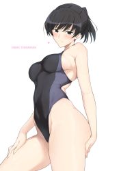 Rule 34 | 1girl, amagami, black eyes, black hair, blush, breasts, character name, closed mouth, commentary request, competition swimsuit, cowboy shot, halcon, highres, large breasts, looking at viewer, one-piece swimsuit, ponytail, simple background, solo, swimsuit, tsukahara hibiki, white background