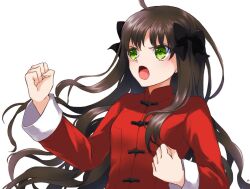 Rule 34 | 1girl, ahoge, arima miyako, black bow, bow, breasts, brown hair, chinese clothes, clenched hands, commentary request, green eyes, hair bow, lo lis, melty blood, open mouth, small breasts, solo, tsukihime, upper body, v-shaped eyebrows