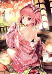 Rule 34 | 1girl, absurdres, back, bare legs, bare shoulders, from behind, hair ribbon, highres, japanese clothes, kimono, looking back, nardack, onsen, open mouth, original, pink eyes, pink hair, ribbon, short hair, sitting, solo, undressing, water, yukata