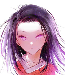 Rule 34 | 1girl, :o, black hair, breasts, close-up, collarbone, commentary, drawing, eyelashes, fhilippedu, forehead, kamado nezuko, kimetsu no yaiba, large breasts, long hair, looking at viewer, multicolored hair, open mouth, pink eyes, pink hair, portrait, purple hair, shaded face, simple background, slit pupils, solo, sparkle, white background