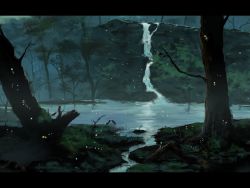 Rule 34 | dark, fireflies, highres, lake, landscape, letterboxed, nature, no humans, original, outdoors, sasaki112, scenery, tree, branch, water, waterfall