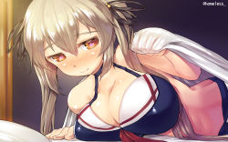 Rule 34 | 10s, 1girl, bare shoulders, bed, bed sheet, bikini, blush, breasts, brown hair, cleavage, heart, heart-shaped pupils, kantai collection, large breasts, long hair, looking at viewer, lying, murasame (kancolle), navel, on stomach, sailor collar, sakimori dan, skirt, smile, solo, swimsuit, symbol-shaped pupils, twintails, twitter username
