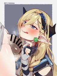 Rule 34 | 1boy, 1girl, absurdres, arknights, bar censor, blonde hair, blue eyes, blue necktie, blush, braid, candy, censored, flaccid, food, gloves, hair between eyes, hairband, hetero, highres, holding, holding candy, holding food, holding lollipop, horns, licking lips, lollipop, long hair, looking at penis, mirin chikuwa, necktie, partially fingerless gloves, penis, pointy ears, saileach (arknights), small penis, smile, solo focus, testicles, tongue, tongue out