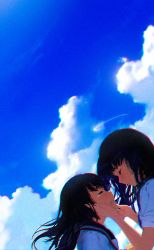 Rule 34 | 2girls, absurdres, bad id, bad pixiv id, black hair, black sailor collar, blue sky, chromatic aberration, closed eyes, cloud, cloudy sky, comforting, commentary, crying, english commentary, from side, gerar dc, hand on another&#039;s cheek, hand on another&#039;s face, highres, long hair, multiple girls, original, outdoors, sailor collar, school uniform, serafuku, sky, summer, tears, teeth, upper body