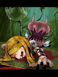 Rule 34 | 1girl, armor, bad end, bad id, bad pixiv id, blonde hair, blood, blood in mouth, christiana (manager i c), crying, ctn, doomed, dragging, eating, etrian odyssey, letterboxed, long hair, open mouth, paladin (sekaiju), paladin 2 (sekaiju), plant, tears, vines