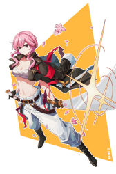 Rule 34 | 1girl, absurdres, alchemy stars, bandages, bandeau, belt, black belt, black choker, black footwear, black gloves, black jacket, boots, breasts, chest sarashi, chinese commentary, choker, cleavage, commentary request, full body, gloves, groin, highres, hiiro (alchemy stars), holding, holding sword, holding weapon, jacket, jacket on shoulders, katana, medium breasts, pants, partial commentary, petals, pink eyes, pink hair, sarashi, short hair with long locks, solo, standing, strapless, sword, tube top, weapon, white background, white pants, zarsy