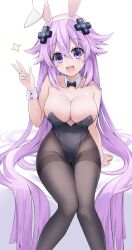 Rule 34 | 1girl, absurdly long hair, adult neptune, animal ears, bare shoulders, black pantyhose, blush, breasts, cleavage, fake animal ears, giga-tera, highres, large breasts, leotard, long hair, looking at viewer, neptune (series), open mouth, pantyhose, playboy bunny, purple eyes, purple hair, rabbit ears, sitting, smile, solo, thighband pantyhose, v, very long hair, wrist cuffs