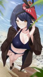 Rule 34 | 1girl, absurdres, beach, bikini, bird mask, black bikini, black hair, blurry, breasts, brown coat, closed mouth, coat, coat on shoulders, depth of field, from above, genshin impact, haerge, hand up, highres, kujou sara, large breasts, looking at viewer, looking up, mask, mask on head, navel, orange eyes, red mask, rock, sand, sandals, short hair, solo, stomach, swimsuit, trench coat, water