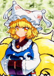 Rule 34 | 1girl, abstract background, animal hat, bad id, bad pixiv id, blonde hair, commentary request, dress, fox tail, green background, hands in opposite sleeves, hat, light particles, looking at viewer, marker (medium), mob cap, multiple tails, ofuda, ofuda on clothes, outline, qqqrinkappp, short hair, slit pupils, smile, solo, standing, tabard, tail, tassel, touhou, traditional media, upper body, white dress, white outline, yakumo ran, yellow eyes