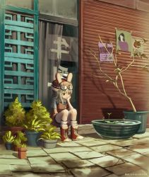 Rule 34 | 1girl, animal ears, black eyes, brown hat, closed mouth, goggles, goggles on headwear, green hair, hat, kouka (mrakano5456), original, outdoors, plant, potted plant, rabbit ears, scenery, short hair, solo, twitter username