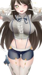 Rule 34 | 1girl, absurdres, aqua eyes, breasts, brown hair, commentary, crop top, gloves, high heels, highres, hololive, index finger raised, large breasts, leg up, long hair, looking at viewer, midriff, official alternate costume, one eye closed, oozora subaru, oozora subaru (starlight), pointing, pointing at self, shorts, simple background, skindentation, smile, solo, somebody (leiking00), star-shaped pupils, star (symbol), suspender shorts, suspenders, symbol-shaped pupils, thigh gap, thighhighs, virtual youtuber, white background