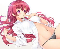 1girl black_panties breasts ivenglynn large_breasts long_hair looking_at_viewer navel no_bra original panties pink_hair purple_eyes shirt simple_background solo underwear very_long_hair white_background white_shirt