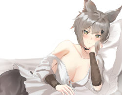 Rule 34 | 1girl, animal ears, black pants, breasts, cleavage, commentary request, erune, fishofthelakes, golden knight (granblue fantasy), granblue fantasy, grey hair, highres, large breasts, lying, off shoulder, on bed, on pillow, on side, pants, shirt, short hair, single bare shoulder, solo, white background, white shirt, yellow eyes