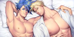 Rule 34 | 2boys, abs, armpits, asymmetrical hair, bara, bare pectorals, blonde hair, couple, d-red, galo thymos, kray foresight, large pectorals, looking at viewer, male focus, multiple boys, muscular, muscular male, nipples, on bed, pectorals, promare, short hair, sideburns, sidecut, smile, spiked hair, undercut, yaoi