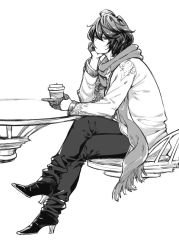 Rule 34 | 1boy, casual, cup, gloves, granblue fantasy, greyscale, hair between eyes, half gloves, high heels, holding, holding cup, jacket, long sleeves, male focus, monochrome, monochrome, mushi024, open mouth, sandalphon (granblue fantasy), scarf, shirt, short hair, sitting, table