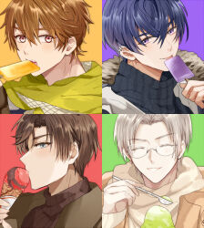 Rule 34 | 4boys, :d, artem wing (tears of themis), black coat, black sweater, blue eyes, brown coat, brown eyes, brown hair, brown sweater, closed mouth, coat, food, fur collar, glasses, green background, grin, h haluhalu415, holding, holding food, holding popsicle, holding spoon, ice cream, licking, long sleeves, looking at viewer, luke pearce (tears of themis), marius von hagen (tears of themis), multiple boys, open clothes, open mouth, popsicle, purple eyes, purple hair, purple skirt, red background, scarf, shaved ice, short hair, skirt, smile, spoon, sweater, tears of themis, teeth, turtleneck, turtleneck sweater, upper body, vyn richter (tears of themis), white hair, yellow background, yellow scarf