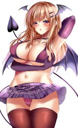 Rule 34 | 1girl, absurdres, arm under breasts, arm up, armpits, bikini, blush, breasts, brown hair, brown thighhighs, cleavage, collarbone, covered erect nipples, demon girl, demon tail, demon wings, elbow gloves, gloves, highres, kuro (tbm9187), large breasts, lips, midriff, navel, original, parted lips, pleated skirt, purple bikini, purple eyes, purple gloves, simple background, skirt, solo, stomach, swimsuit, tail, thighhighs, white background, wings
