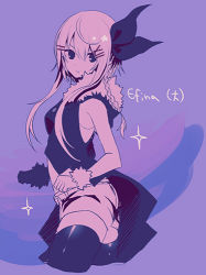 Rule 34 | 1girl, :t, breasts, character name, clenched hand, closed mouth, cropped legs, efina, from side, fur trim, hair between eyes, hair ornament, hair ribbon, hairclip, head tilt, lieat, looking at viewer, lowres, medium breasts, miwasiba, monochrome, official art, pointy ears, purple background, ribbon, shorts, simple background, solo, sparkle, star (symbol), thighhighs, wrist cuffs, x hair ornament
