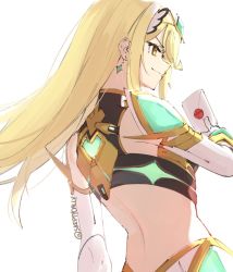 Rule 34 | 1girl, bare shoulders, blonde hair, breasts, chest jewel, cleavage cutout, clothing cutout, dress, earrings, elbow gloves, gloves, headpiece, jewelry, large breasts, long hair, mythra (xenoblade), nintendo, short dress, simple background, skeptycally, smash invitation, smile, super smash bros., swept bangs, tiara, very long hair, white dress, white gloves, xenoblade chronicles (series), xenoblade chronicles 2, yellow eyes