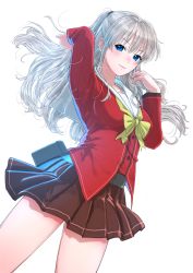 Rule 34 | 1girl, absurdres, arm up, belt, belt pouch, blue eyes, breasts, brown skirt, charlotte (anime), commentary, highres, hoshinoumi academy school uniform, light smile, long hair, long sleeves, looking at viewer, medium breasts, pouch, red shirt, school uniform, shirt, silver hair, simple background, skirt, solo, tomori nao, turbo engine (rakugaki tabo), white background