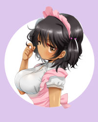 Rule 34 | 1girl, alternate costume, andou (girls und panzer), bad id, bad pixiv id, black hair, blush, breasts, brown eyes, circle, closed mouth, commentary request, dark-skinned female, dark skin, dress, dress shirt, easter, embarrassed, from side, frown, girls und panzer, hand in own hair, kumasawa (dkdkr), looking at viewer, maid headdress, medium breasts, medium hair, messy hair, outside border, pink dress, purple background, shirt, short sleeves, short twintails, solo, twintails, white shirt