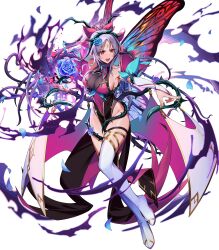 Rule 34 | 1girl, attack, bare shoulders, boots, breasts, bridal gauntlets, cleavage, covered navel, facial mark, fairy wings, fire emblem, fire emblem heroes, flower, forehead mark, gold trim, grey hair, hair flower, hair ornament, high heels, highres, kainown, large breasts, long hair, navel, nintendo, non-web source, official alternate costume, official art, open mouth, parted lips, pelvic curtain, plant hair, plumeria (fire emblem), plumeria (rapturous dream) (fire emblem), pointing, pointy ears, ponytail, sideboob, solo, thigh boots, thorns, v-shaped eyebrows, very long hair, white footwear, wings