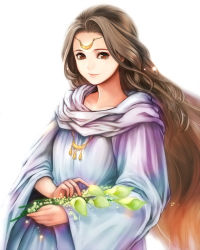 Rule 34 | 1girl, brown hair, calla lily, circlet, cloak, crescent, floating hair, flower, jewelry, leylia (lodoss), light smile, long hair, looking at viewer, necklace, nyo (pixiv3355793), parted bangs, record of lodoss war, red eyes, solo, very long hair, white background, wide sleeves