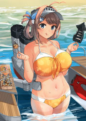 Rule 34 | 1girl, :q, ahoge, bikini, blue eyes, blush, bracelet, breasts, brown hair, chougei (kancolle), cleavage, commentary request, enemy lifebuoy (kancolle), food, fried squid, hair ornament, hair rings, hat, highres, holding, holding food, jewelry, kantai collection, large breasts, long hair, looking at viewer, official alternate costume, orange bikini, osananajimi neko, outdoors, rigging, solo, standing, sunglasses, swimsuit, takoyaki, tan, tanline, tongue, tongue out, visor cap, wading, water