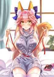 Rule 34 | 1girl, absurdres, animal ear fluff, animal ears, backless dress, backless outfit, bare shoulders, blush, bow, box, breasts, chocolate, dress, fate/extra, fate (series), fox ears, fox girl, fox tail, gift, gift box, hair between eyes, hair bow, highres, kanikanidosanko, large breasts, long hair, looking at viewer, meme attire, pink hair, red ribbon, ribbon, sideboob, sidelocks, sitting, solo, sweater, sweater dress, tail, tamamo (fate), tamamo no mae (fate/extra), thighhighs, thighs, twintails, virgin killer sweater, white thighhighs, yellow eyes