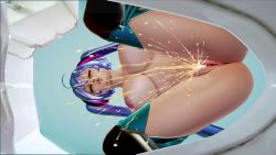 Rule 34 | 1girl, 3d, bathroom, black footwear, blue hair, boots, breasts, closed eyes, from below, hair ornament, hatsune miku, highres, knee boots, large breasts, long hair, navel, nipples, nude, parted lips, peeing, pussy, squat toilet, squatting, teeth, toilet, toilet use, twintails, uncensored, vocaloid