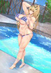 Rule 34 | 1girl, abs, bare shoulders, barghest (fate), bikini, blonde hair, blue sky, breasts, cleavage, collarbone, commentary request, fate/grand order, fate (series), fence, green eyes, heterochromia, highres, horns, koucha indian, ladder, large breasts, long hair, micro bikini, muscular, muscular female, orange eyes, ponytail, pool, poolside, sky, solo, string bikini, striped bikini, striped clothes, swimsuit, thighs, tree
