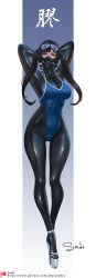 Rule 34 | arms behind head, arms up, black hair, bodystocking, bodysuit, covered navel, full body, goggles, goggles on head, high heels, highres, latex, latex bodysuit, long hair, looking at viewer, mask, original, platform footwear, platform heels, sade abyss, signature, skin tight, swimsuit, thigh gap, twintails, wide hips