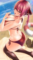 Rule 34 | 1girl, absurdres, ass, bare shoulders, bikini, blush, breasts, butt crack, from above, from behind, green eyes, hair ribbon, heterochromia, highres, hololive, houshou marine, kneeling, large breasts, long hair, looking at viewer, open mouth, red eyes, red hair, ribbon, rikadoh, shiny clothes, shiny skin, sideboob, solo, swimsuit, thighhighs, tongue, tongue out, twintails, virtual youtuber
