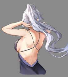 Rule 34 | 1girl, adjusting hair, alternate costume, back, back focus, backless dress, backless outfit, bare shoulders, breasts, commentary request, cropped torso, dress, from behind, granblue fantasy, grey background, high ponytail, large breasts, long hair, ponytail, purple dress, sideboob, silva (gentian blue) (granblue fantasy), silva (granblue fantasy), silver hair, simple background, solo, terry (pixiv3274443)