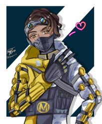Rule 34 | 1boy, absurdres, animification, apex legends, black gloves, brown hair, dark-skinned male, dark skin, gloves, goggles, goggles on head, head tilt, heart, highres, hood, hooded jacket, jacket, looking at viewer, mask, mirage (apex legends), mouth mask, multicolored clothes, multicolored jacket, night crawler mirage, official alternate costume, saki (syauki1119), signature, solo, two-tone jacket, upper body, white jacket, yellow jacket