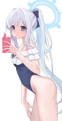 Rule 34 | 1girl, :o, absurdres, bare legs, blue archive, blue one-piece swimsuit, bow, breasts, cellphone, chinoryuu, frilled one-piece swimsuit, frills, grey hair, hair bow, halo, highres, holding, holding phone, leaning forward, long hair, looking at viewer, looking to the side, miyako (blue archive), miyako (swimsuit) (blue archive), one-piece swimsuit, phone, ponytail, simple background, small breasts, solo, swimsuit, very long hair, white background