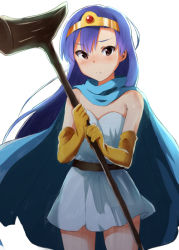 Rule 34 | 1girl, alternate costume, bare shoulders, blue cape, blush, brown eyes, cape, circlet, cosplay, cowboy shot, dragon quest, dragon quest iii, dress, elbow gloves, female focus, flat chest, gloves, hands up, holding, holding staff, idolmaster, idolmaster (classic), kisaragi chihaya, long hair, natsunagi takaki, nose blush, purple hair, sage (dq3), sage (dq3) (cosplay), short dress, simple background, solo, staff, standing, strapless, strapless dress, white background, white dress, yellow gloves