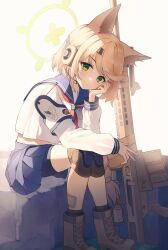 Rule 34 | 1girl, absurdres, animal ears, blonde hair, blue archive, blue sailor collar, blue shorts, blue skirt, boots, braid, brown footwear, closed mouth, commentary, fox ears, fox girl, green eyes, gun, halo, head on hand, headset, highres, kano (kano4), knee pads, light rays, long braid, long sleeves, looking at viewer, neckerchief, otogi (blue archive), pleated skirt, puffy sleeves, red neckerchief, rifle, rock, sailor collar, shirt, short hair, shorts, shorts under skirt, sidelocks, single braid, sitting, sitting on rock, skirt, sniper rifle, sunbeam, sunlight, weapon, white shirt, yellow halo