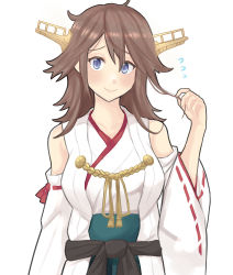 Rule 34 | 1girl, absurdres, alternate hair length, alternate hairstyle, brown hair, commentary request, detached sleeves, dokuganryuu, flipped hair, hairband, headgear, hiei (kancolle), highres, japanese clothes, kantai collection, long hair, medium hair, ribbon-trimmed sleeves, ribbon trim, simple background, solo, white background