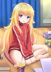 Rule 34 | 10s, 1girl, :o, barefoot, blonde hair, blue eyes, blush, book, can, computer, cup ramen, curtains, cushion, drink can, feet, food, gabriel dropout, gabriel tenma white, hair over shoulder, head tilt, highres, indoors, jacket, kazenokaze, laptop, leg hold, long hair, long sleeves, noodles, open mouth, outstretched arms, red jacket, sitting, sliding doors, soda can, solo, tissue, tissue box, toes, track jacket, very long hair, wooden floor, zipper