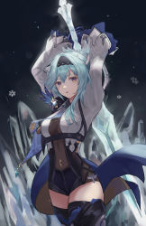 Rule 34 | 1girl, absurdres, aqua hair, arms up, belt, black gloves, black leotard, black thighhighs, breasts, cape, cowboy shot, crop top, eula (genshin impact), genshin impact, gloves, highres, holding, holding sword, holding weapon, huge filesize, jenmin12, leotard, long hair, long sleeves, looking at viewer, medium breasts, parted lips, shirt, solo, standing, sword, thighhighs, thighs, weapon, white shirt, yellow eyes