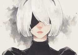Rule 34 | 1girl, android, black blindfold, black hairband, blindfold, facing viewer, hairband, juliet sleeves, lips, long sleeves, mole, mole under mouth, nier (series), nier:automata, parted lips, puffy sleeves, short hair, solo, tae, turtleneck, white hair, 2b (nier:automata)