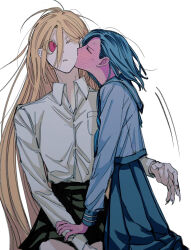 Rule 34 | 2girls, black skirt, blonde hair, blush, closed eyes, closed mouth, collared shirt, colored skin, commentary request, ear blush, embarrassed, expressionless, eyes visible through hair, fingernails, full-face blush, green hair, green skirt, grey shirt, hair between eyes, hand on another&#039;s arm, highres, kiss, kissing cheek, long bangs, long fingernails, long hair, long sleeves, looking at another, medium hair, messy hair, motion lines, multiple girls, naotin3333, nervous sweating, one eye closed, open collar, original, pink eyes, pink skin, pleated skirt, profile, sharp fingernails, shirt, simple background, skirt, sweat, very long hair, white background, white shirt, yuri