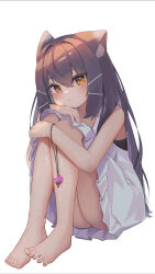 Rule 34 | 1girl, absurdres, animal ear fluff, animal ears, bare legs, barefoot, brown hair, cat ears, closed mouth, dress, frilled dress, frills, full body, hair between eyes, hair ornament, hairpin, head rest, highres, hugging own legs, indie virtual youtuber, jewelry, light blush, long hair, looking at viewer, pendant, simple background, sitting, solo, toes, virtual youtuber, white background, white dress, yellow eyes, yuika nia (vtuber), yuimellow