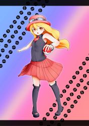 Rule 34 | 10s, 1girl, absurdres, bare shoulders, blonde hair, blue background, blush, boots, breasts, brown eyes, creatures (company), earrings, game freak, goggles, gradient background, hat, highres, holding, holding poke ball, jewelry, long hair, necktie, nintendo, open mouth, pink background, poke ball, pokemon, pokemon xy, purple background, serena (pokemon), skirt, small breasts, solo, standing, ume444