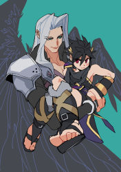 Rule 34 | &gt;:(, 2boys, angel wings, aqua background, aqua eyes, armor, armpits, black hair, black wings, blush, collarbone, commentary request, dark pit, eyes visible through hair, feathered wings, final fantasy, final fantasy vii, frown, fur trim, gloves, grey hair, hair between eyes, hair intakes, highres, holding, kid icarus, kid icarus uprising, long hair, looking at another, male focus, multiple boys, nintendo, parted bangs, pydiyudie, red eyes, sandals, sephiroth, short hair, shoulder armor, simple background, single wing, size difference, smile, super smash bros., trait connection, v-shaped eyebrows, wings